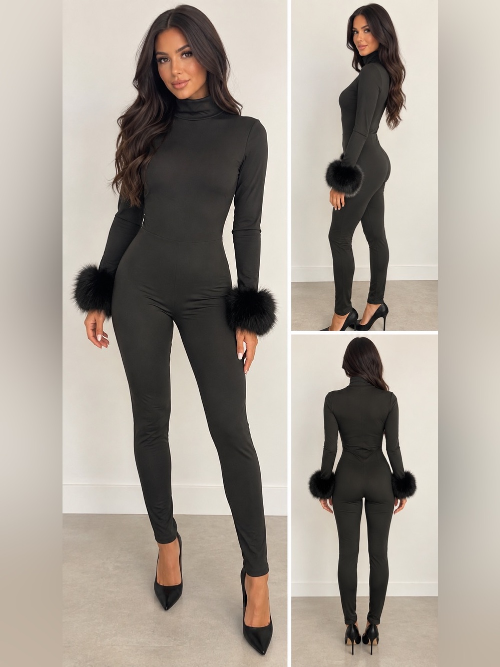 Black Faux Fur Removable Cuffs Turtleneck Jumpsuit – Winter Glam